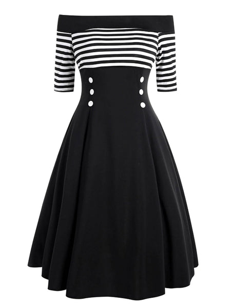 Black 1950s Striped Off Shoulder Dress