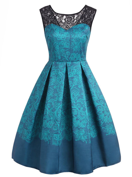 Blue 1950s Floral Sweetheart Swing Dress